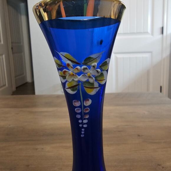 Vintage Hand painted Czech Bohemian Cobalt Blue Glass 7" Bud Vase Floral MCM - Picture 2 of 13